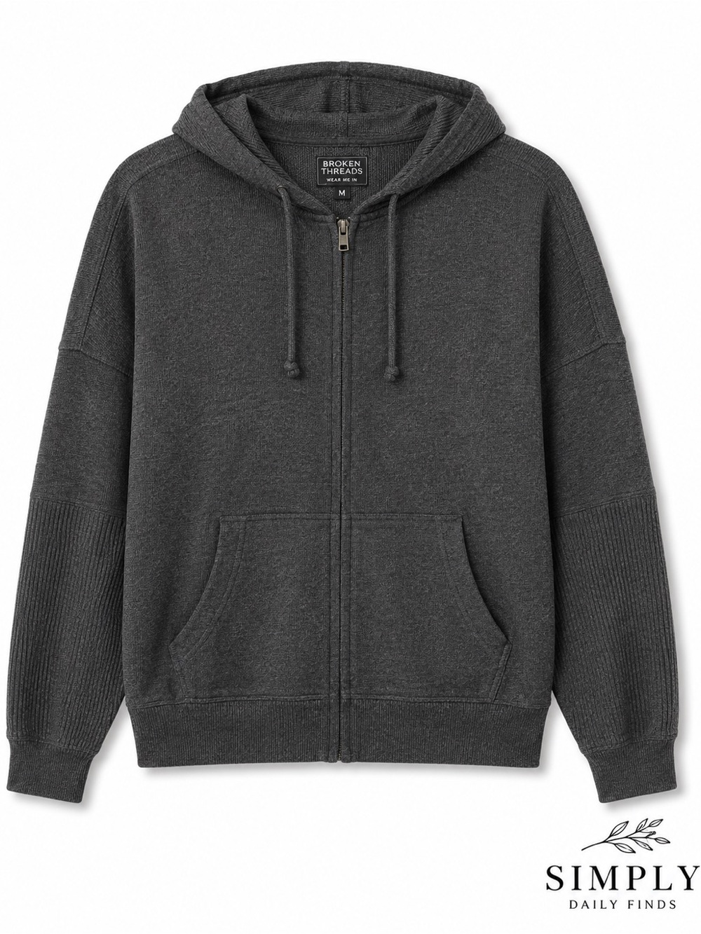 Broken Threads Charcoal Full Zip Hoodie Sweater Knit Ribbed Sleeve Casual